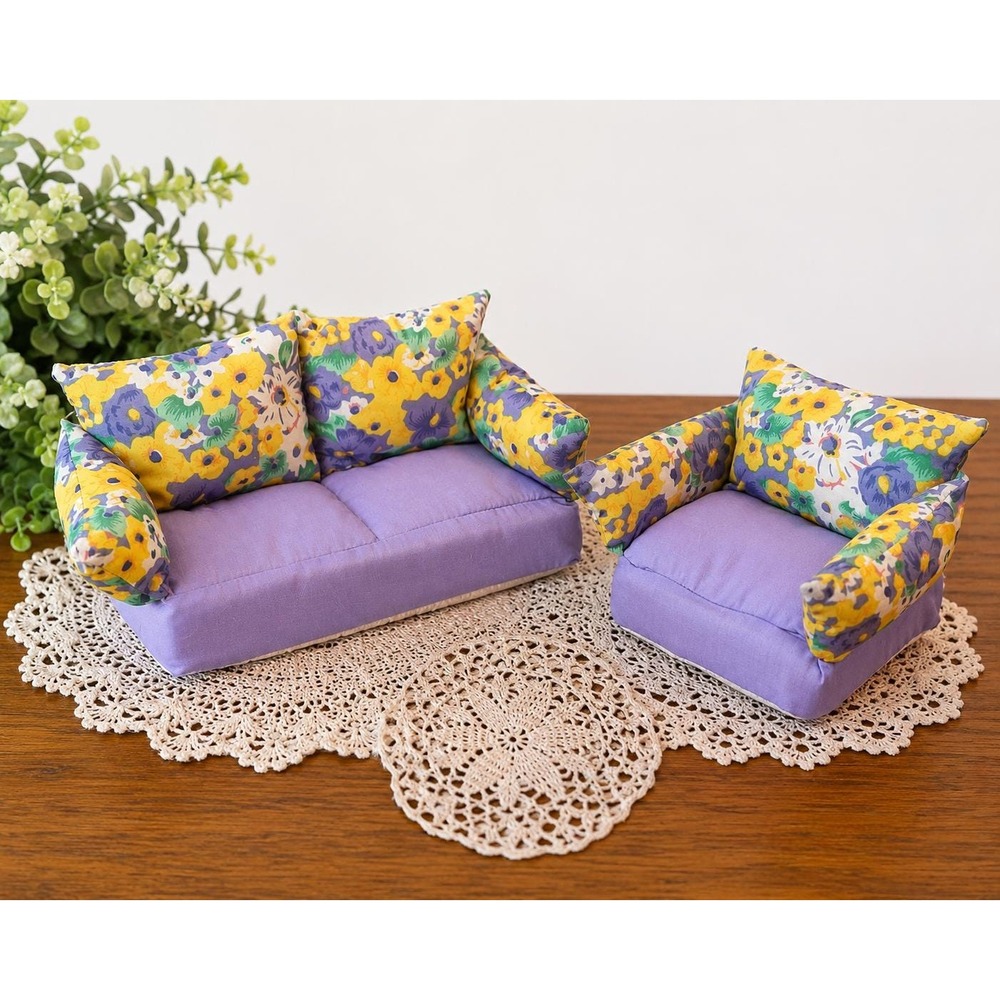 VTG 1994 Toymax Barbie Sofa & Chair Set Floral Purple Plush Furniture Pretend